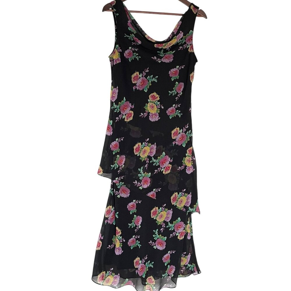 Vtg Y2K Eva Blue Midi Dress Sz 10 Black Floral Beaded Cowl Neck Fairy Whimsygoth